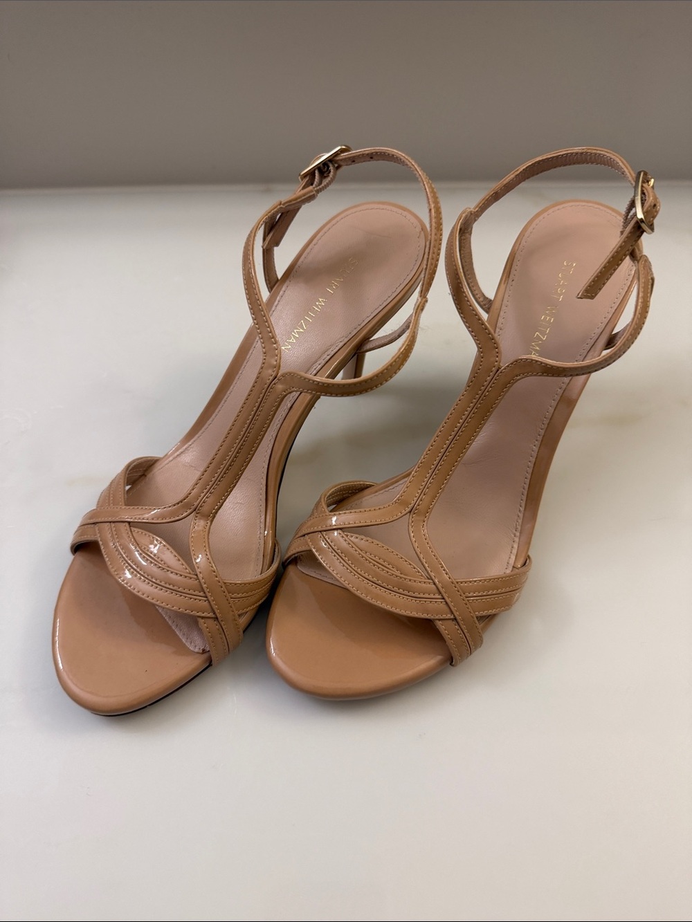 Stuart Weitzman Tan Patent Leather T-Strap Heels